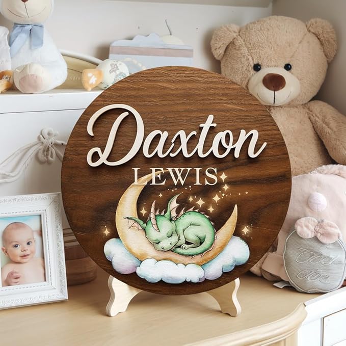 Personalized Baby Name Signs for Nursery, Green Dragon Sign for Baby Door Decor, Newborn Gifts for Boy, Boys Nursery Wall Bedroom Decorations, Mother's Day Gifts for New Mom Dad Gift