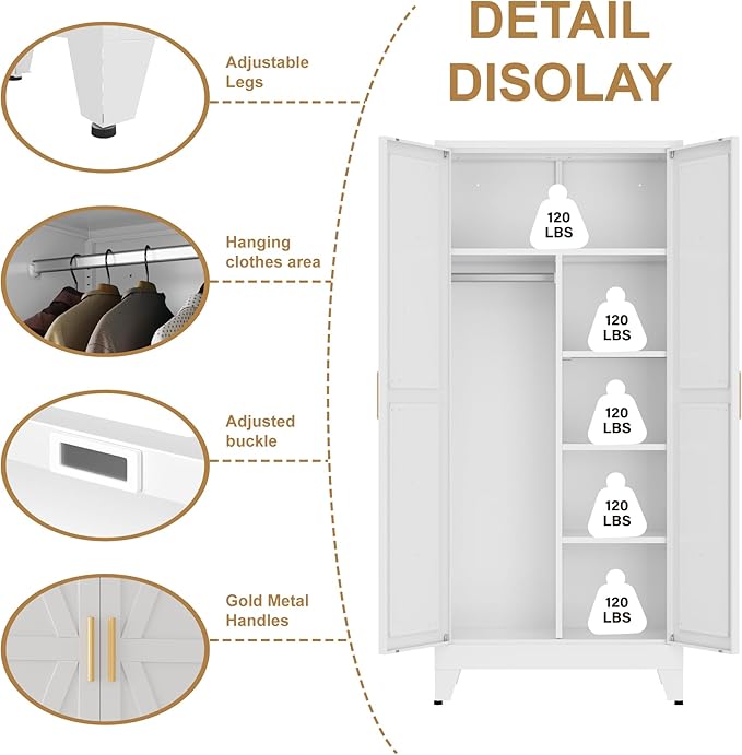 Metal armoire Wardrobe Closet with Hanging Rod,71'' Metal Wardrobe Cabinet with 2 Doors and 4 Adjustable Shelves, Bedroom armoires,Laundry Room cabinets,armario de ropa Closet(Modern, White)