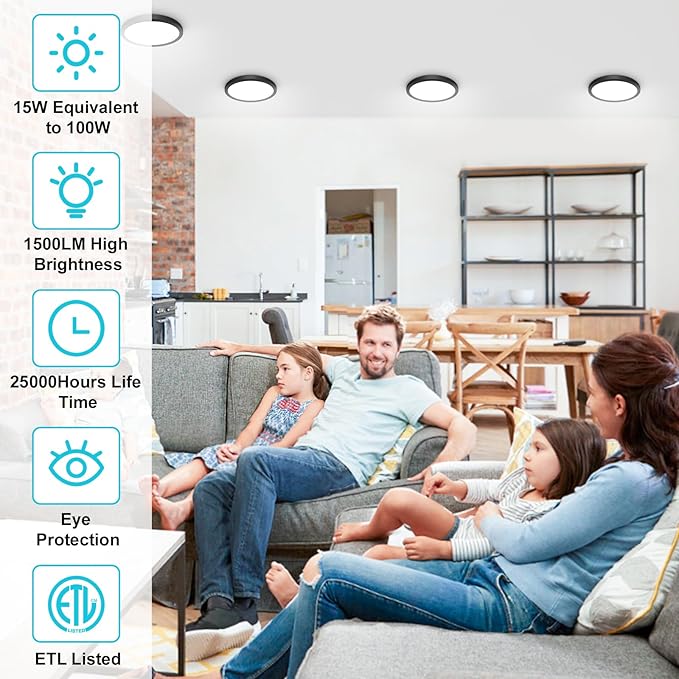 libtit 3Pack 7 inch Flush Mount Ceiling Light, 15W 1500Lm Surface Mount LED Light Fixture,3000k/4000k/6500k Color Selectable, Black Thin Flat Round LED Lamp for Bathroom Kitchen Laundry LivingRoom