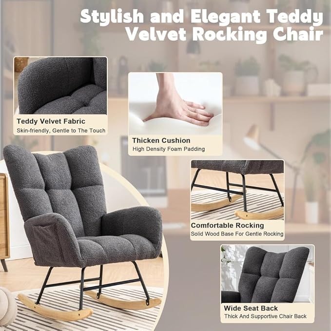 Nursery Rocking Chair Teddy Upholstered Glider Rocker Accent Chair with High Backrest Armchair Comfy Side Pocket Modern Rocking Accent Chairs for Living Room, Nursery, Office(Neutral Gray)