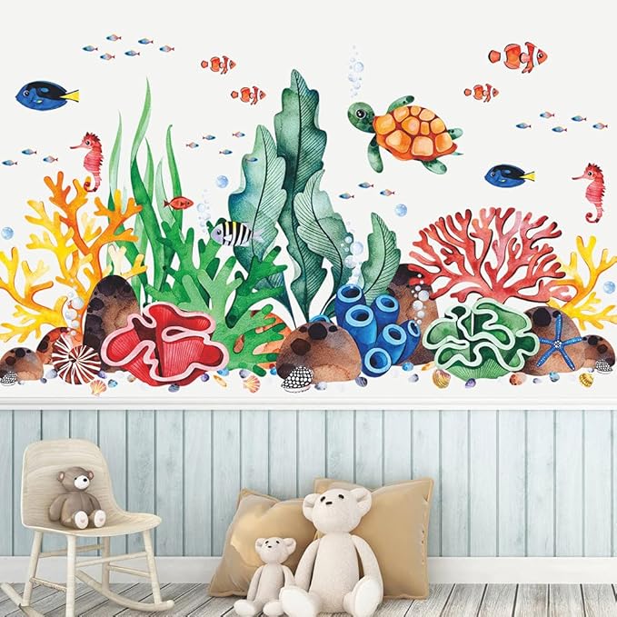 LiveGallery Coral Seaweed Wall Sticker Ocean Life Wall Decals Shell Conch Hippocampus Sea Turtle Tropical Fish Marine Plants Wall Decorations for Kids Bedroom Living Room Nursery Office