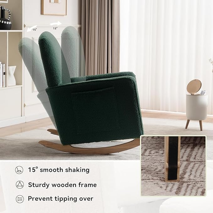 FOXHUNTER Rocking Chair Nursery with Adjustable Footrest and High Backrest, Upholstered Glider Chairs with Side Pockets for Nursery, Rocker Armchair Indoor for Living Room,Green