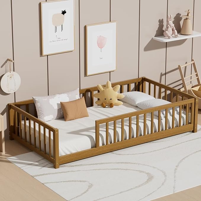 LLS Twin Floor Bed for Kids Toddlers, Solid Wood Multifunctional Montessori Bed Frame with Safety Guardrails, Without Door, Easy Assemble,Light Espresso