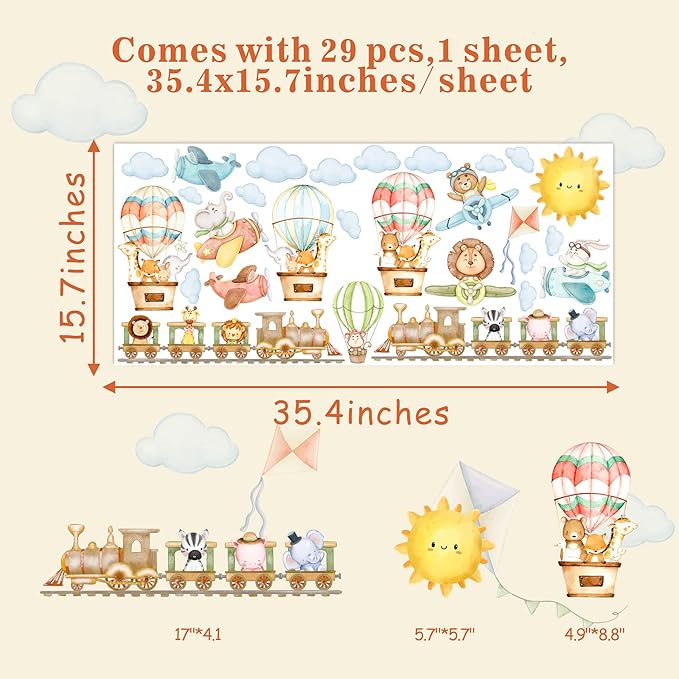 Train Animal Wall Stickers Cartoon Animal Wall Stickers Airplane Hot Air Balloon Decals Watercolor Sun Cloud Decals Cute Balloon Animals Sticker for Nursery Kids Room Playroom Decor