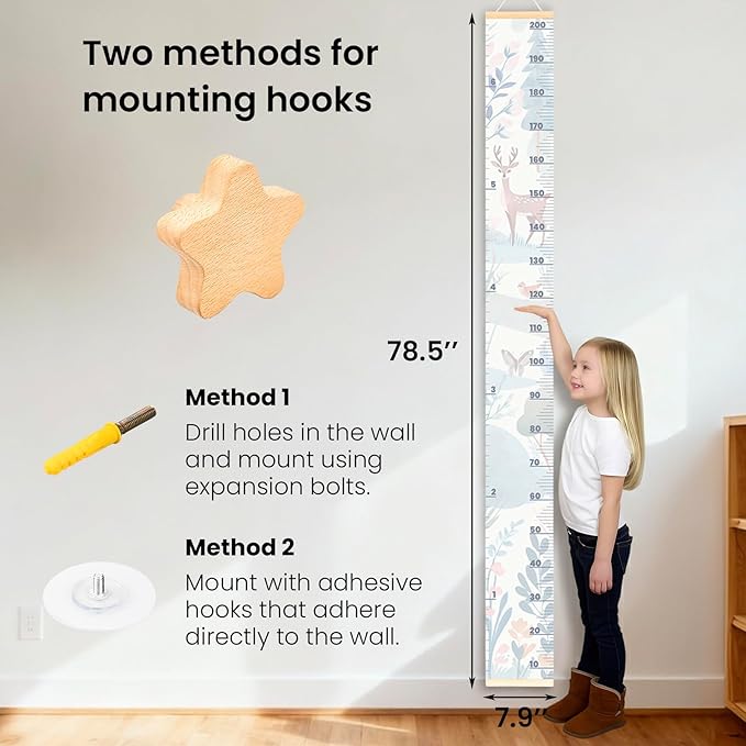 Growth Chart for Wall 7 Ft - Height Chart with Keepsake Wood Box & Star Hook, Waterproof Canvas Wall Ruler, Neutral Nursery Wall Decor for Baby Kids Toddlers