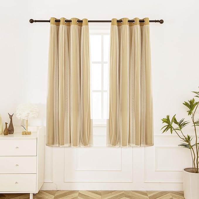 INLINAS Gold Blackout Curtains with Sheer Overlay - Grommet Top Thermal and Noise Reduction Panels for Bedroom and Living Room Light Blocking and Energy Saving, 52 x 84 Inches, Set of 2