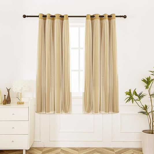 INLINAS Gold Blackout Curtains with Sheer Overlay - Grommet Top Thermal and Noise Reduction Panels for Bedroom and Living Room Light Blocking and Energy Saving, 52 x 63 Inches, Set of 2