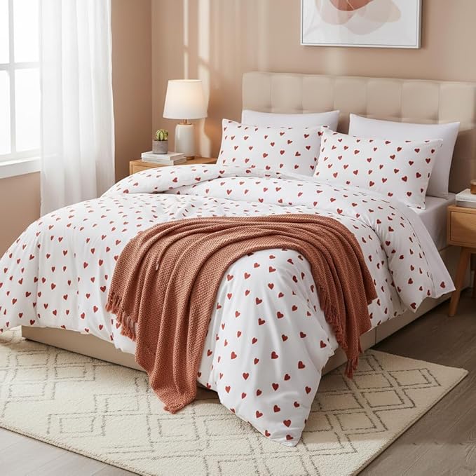 Nayoroom Heart Comforter Set Twin Size Kawaii Red Heart Pattern Comforter Kids Girls Cute Heart-Shaped 2Pcs Soft Lightweight Bedding Set for All Seasons (1 Comforter, 1 Pillowcase)