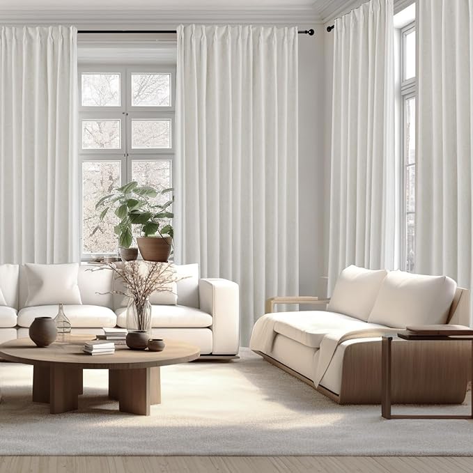 Pinch Pleated 100% Blackout Linen Curtains 95 Inches Long for Bedroom Natural Black Out Pleat Curtains for Living Dining Room Darkening Thermal Insulated Window Curtain Drapes with Pin Hooks, 2 Panels