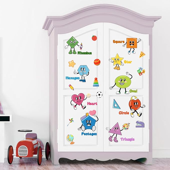 Mfault Kids Shapes Educational Wall Decals Stickers, Colorful Geometry Learning Baby Nursery Decorations Bedroom Art, Funny Boys Girls Toddlers Playroom School Classroom Daycare Library Home Decor