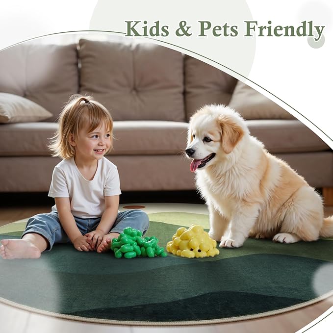 4ft Abstract Round Rug,Soft Washable Non-Slip Mountain Circle Classroom Rug,Chic Stain Resistant Low-Pile Throw Rugs for Entryway/Bedroom/Nursery/Living Room(Green)