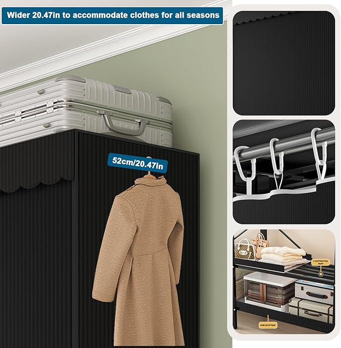 FPIGSHS Heavy Duty Clothes Rack with Cover Foldable Covered Clothes Rack for Hanging Clothes portable Wardrobe Closet System Freestanding Coat Storage Garment Racks for bedroom (black, 59in)