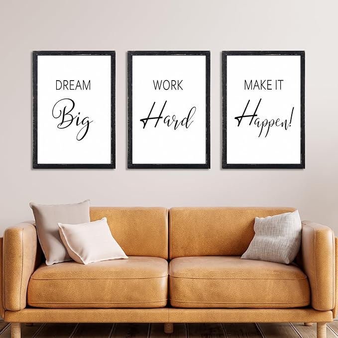 LuZhiQiang Inspirational Positive Wall Decor 16"×11" Dream Big Work Hard Make it Happen Sign Set Of 3 Large Wood Framed Motivational Quotes for Office Living Room Home Art Women Hanging (Black)
