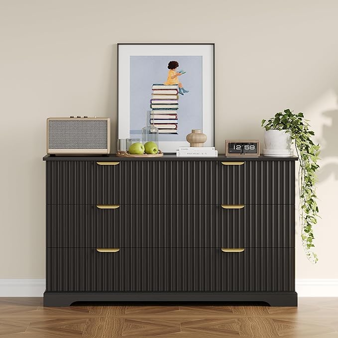 Fluted Dresser with 6 Drawers for Bedroom, 53.14" Wide Dresser with Metal Handle, Wooden Chest of Drawers for Bedroom, Living Room, Entryway, Black