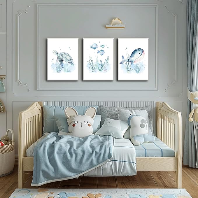 Wodkwq Ocean Nursery Decor, Set of 3 Boys Room Sea Animal Wall Art Picture Canvas Prints, 12x16 Inch Framed