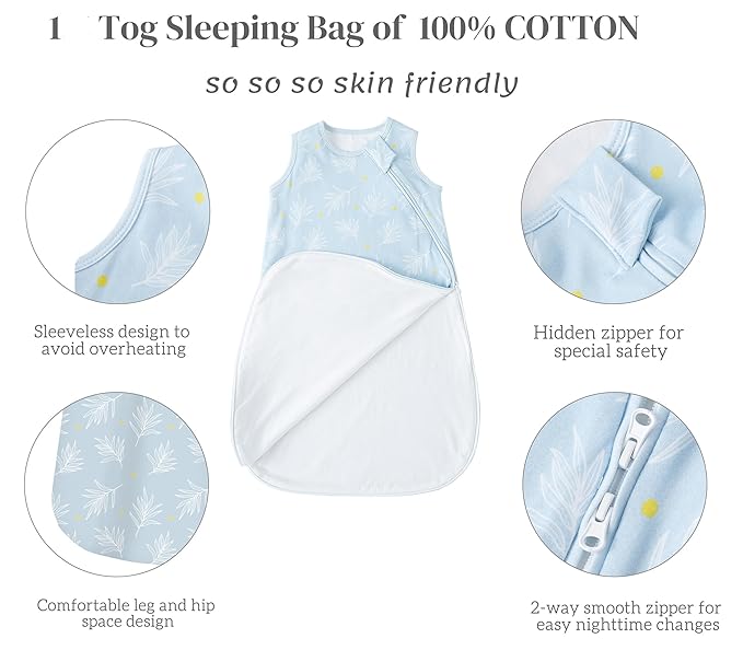 Baby Sleep Sack 12-18 Months 1.0 TOG, 100% Cotton Baby Wearable Blanket with 2-Way Zipper, Infant Toddler Sleeping Sack for Newborn Boys and Girls, Leaves & Pumpkin