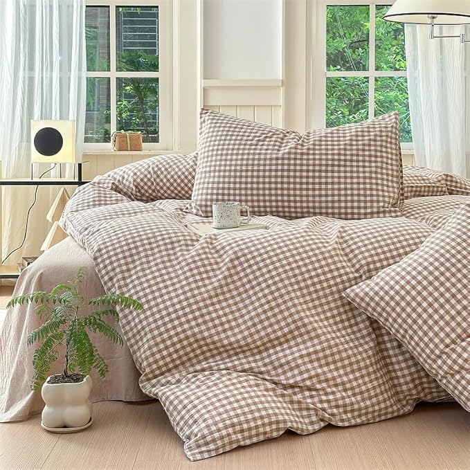 Nayoroom Brown Gingham Comforter Set Twin Size Tan Plaid Checkered Comforter 2 Pieces Soft Lightweight Grid Farmhouse Dorm Bedding Set for All Seasons