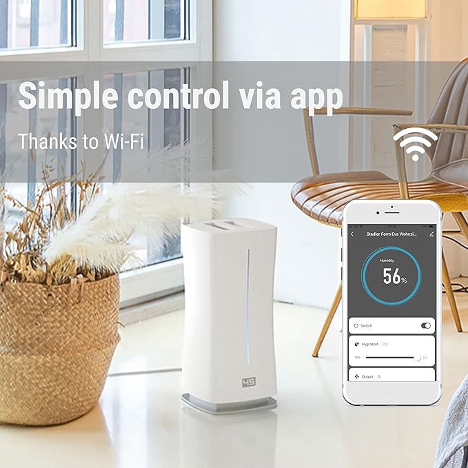 Stadler Form’s Eva humidifier with WiFi, external humidity sensor, automatic mode, for rooms of up to 860 sq ft, ultrasonic nebuliser, dimmable LEDs, suitable for fragrant oil, black