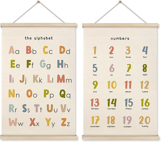 HRQKO Boho Alphabet Numbers Poster Hanger Frame Set of 2, Classroom Wall Decor, Abc Poster Wall Art with Wooden Frames, Alphabet Banner Wall Hanging Decor for Toddler Playroom Nursery, 16x24 inch