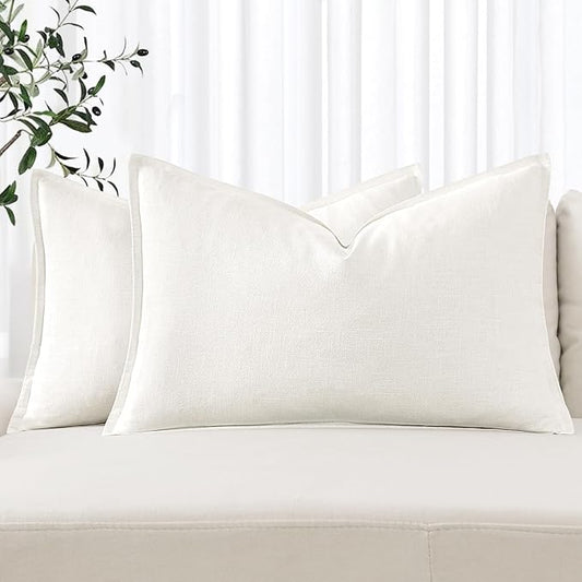 MIULEE Decorative Linen Lumbar Pillow Covers 12x20 Inch Cream White Boho Farmhouse Neutral Christmas Couch Throw Pillows for Bed Pack of 2 Accent Modern Pillowcase Sofa Livingroom Home Decor