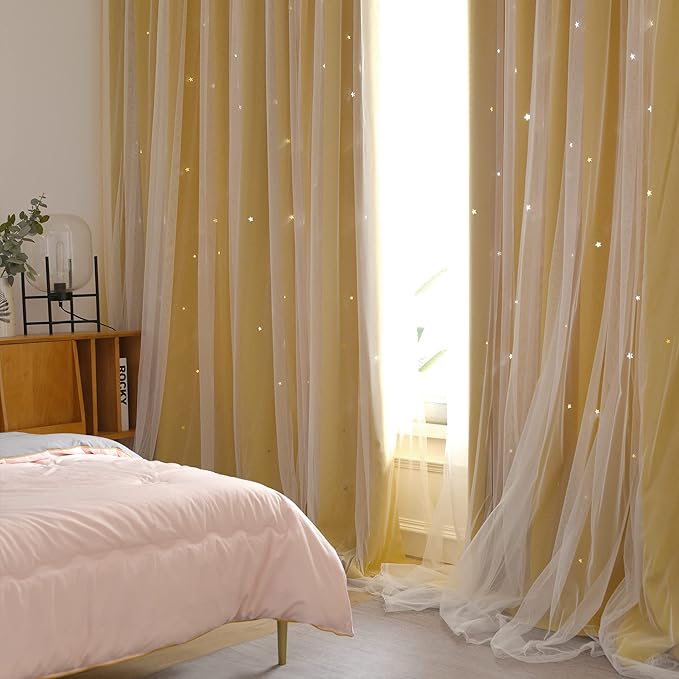 Kinryb Kids Blackout Curtains for Bedroom/Living Room/Classroom, Sheer Overlay 95 Inches 2 Panel Set, Double Layer Curtains with Star Cutout for Kids Room(W 52 x L 95 Inches,Yellow 2 Pcs)