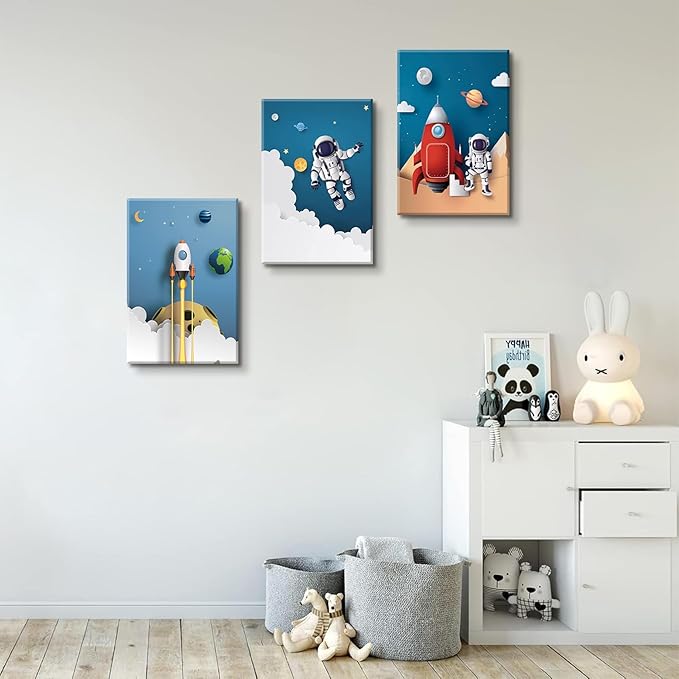 3Pcs Astronaut Canvas Wall Art Nursery Space Adventure Wall Decor Whimsical Space Themed Posters Artwork Rocket Spaceship Prints Pictures for Kids Room Boys and Girls Bedroom (12x16in Canvas)