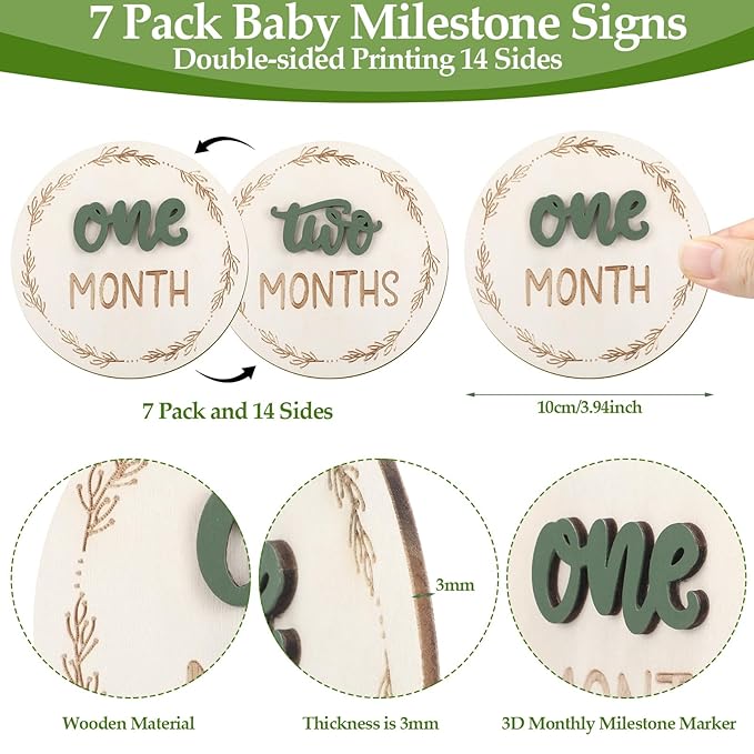 7 Pack Baby Monthly Milestone Cards Sign, Double Sided Baby Milestone Signs Wooden Marker Discs for 1-12 Months Baby Milestone Pictures Baby Shower Gifts