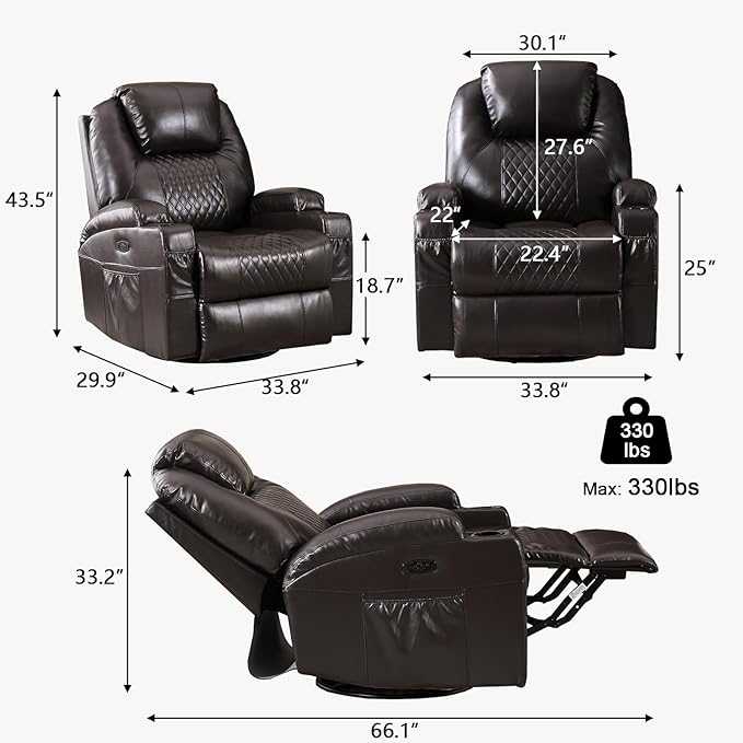Power Swivel Rocker Recliner Chair with Massage and Heat/LED Lights/USB and Type-C Ports/Infinite Position/Cup Holder, Electric Glider Reclining Sofa for Nursery Living Room(2, Brown)