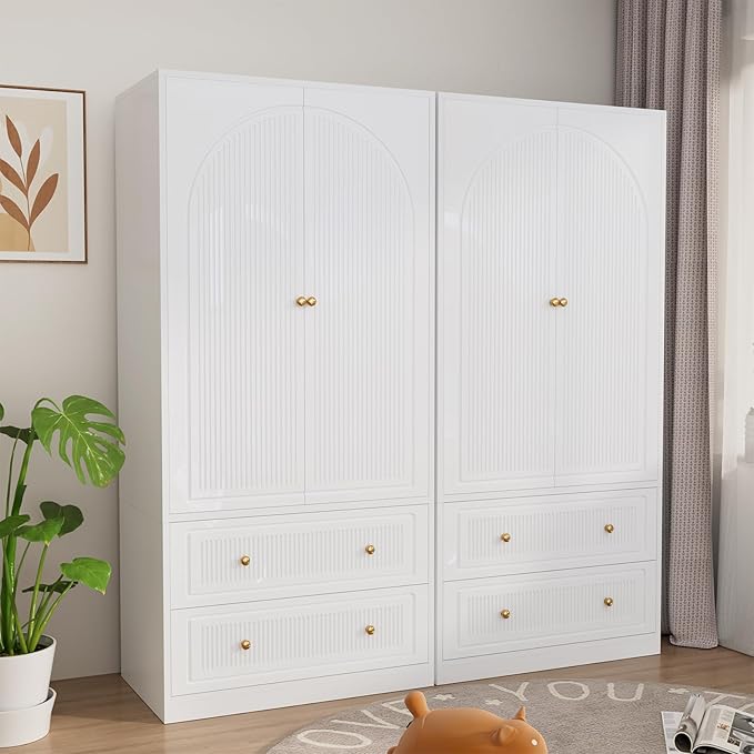 Wardrobe Closet with 4 Door & 4 Drawers, 71" White Bedroom Wooden Armoire with Hanging Rod, Freestanding Large Capacity Clothing Wardrobe Cabinet w/Gold Handles for Bedroom