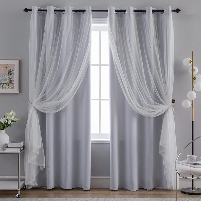 Anytime Home Curtains Blackout and Sheer Layered Solid Window Curtain Panel Pair with Grommet Top, 52Wx72L,Greyish White