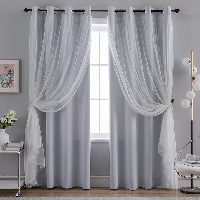 Anytime Home Curtains Blackout and Sheer Layered Solid Window Curtain Panel Pair with Grommet Top, 52Wx63L,Greyish White