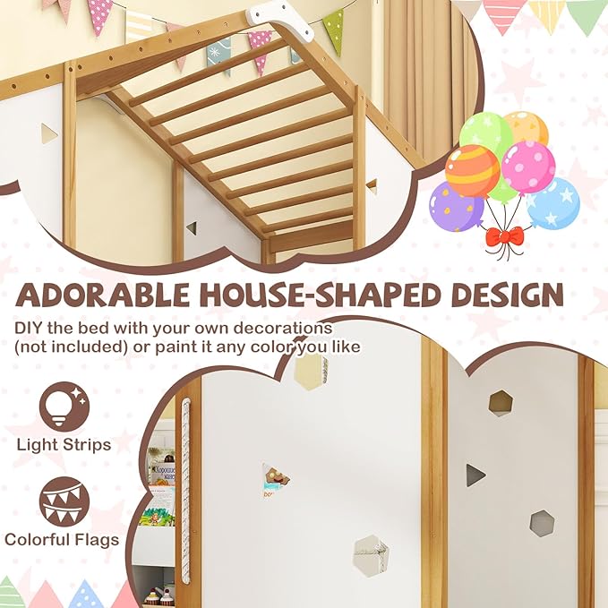 Giantex Twin Size Montessori Floor Bed, 3-in-1 Indoor Kids Jungle Gym Playground with Climbing Slide Swing Net, Monkey Bars, Wood House Bed Frame with Playset for Boys Girls, Natural+White