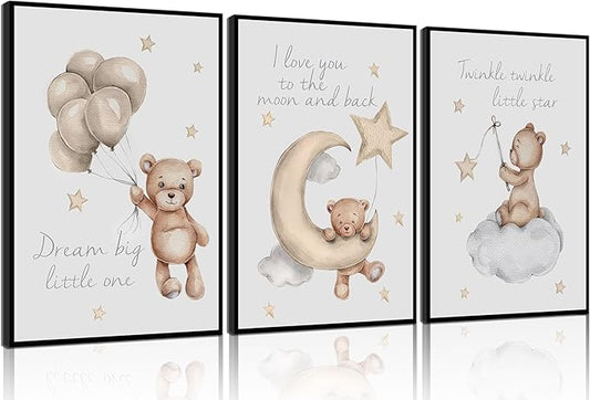 3Pcs Nursery Teddy Bear Wall Art Cute Little Bears Wall Decor Slepping Teddy Bears Posters Prints Moon Star Cloud Neutral Nursery Canvas Pictures for Kid's Room or Bedroom Painting Unframed