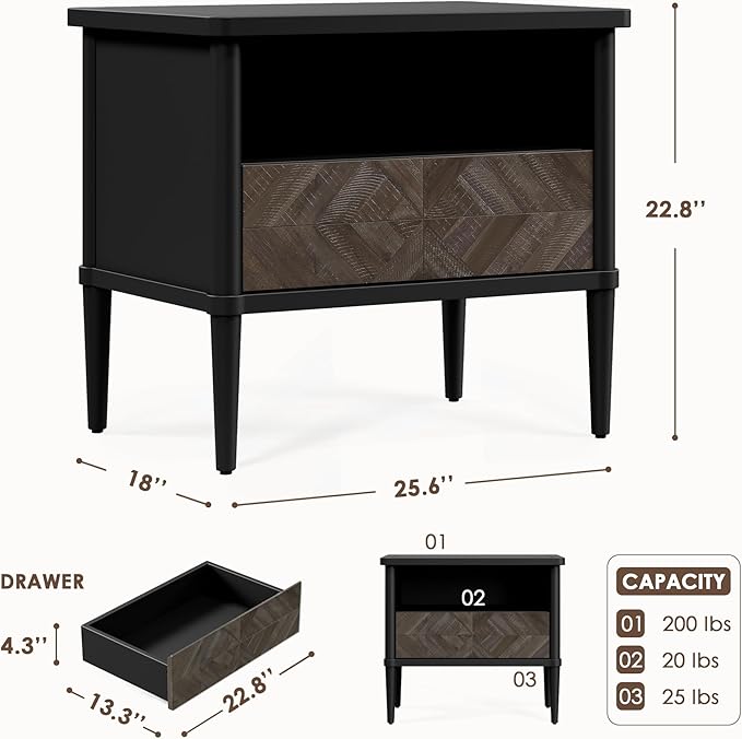 Lenia Solid Wood Nightstand, Mid Century Modern Night Stand End Table Bedroom Living Room, Herringbone Pattern Bedside Table for, Rustic Side Table with Drawer & Open Storage, Mocha Black