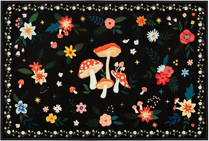 2x3 Machine Washable Area Rug, Non-Slip Small Vintage Floral Entryway Rug for Front Door, Low Pile Indoor Door Mat for Entryway, Bedroom, Dining Room & Kitchen(2x3 Black Mushroom)