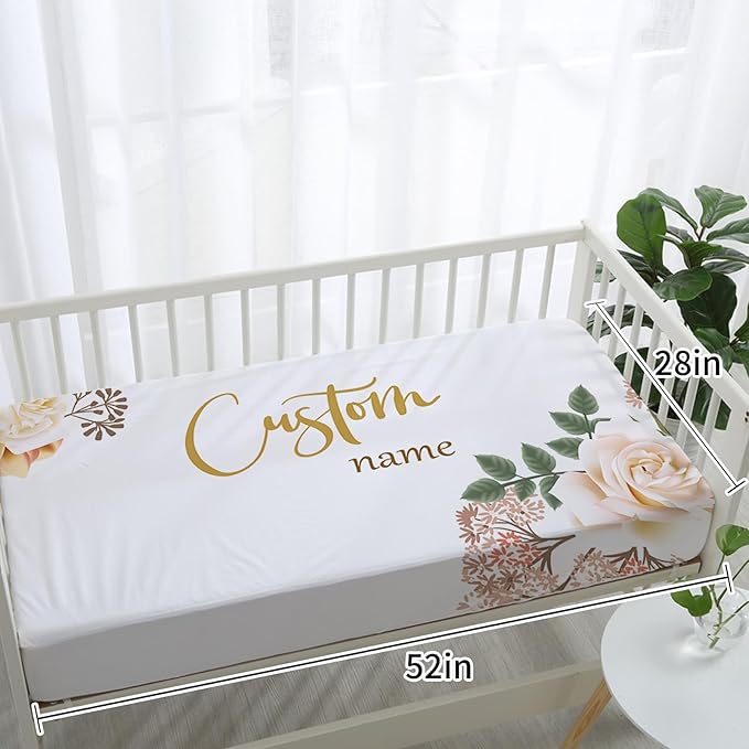 Custom Baby Crib Bedding Set - Pink Flowers Design Personalized Name Baby Nursery Bedding 3 Pcs Set - Chic Soft Blanket, Fitted Sheet, Room Rug for Newborns Boys Girls Gifts