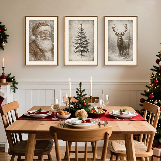 HLNIUC Large Vintage Christmas Framed Wall Art Set of 3, Santa Claus Reindeer Decor, Snowy Xmas Pine Tree Neutral Canvas Art(24x36), Farmhouse Rustic Sketch Prints for Living Room, Bedroom, Office
