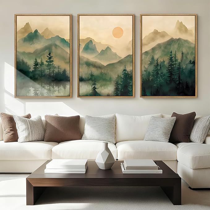 IARTTOP Large Forest Green Wall Art Framed 24x36 Inch Foggy Mountain Landscape Canvas Art Prints Nature Landscape Wall Decor for Living Room Bedroom Office Set of 3