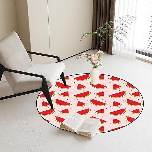 Round Watermelon Rug Pink Rugs for Bedroom Dorm Living Room Fruits Area Rug Floor Mat Pad Doormat Carpet, 3'X3'(90x90cm)