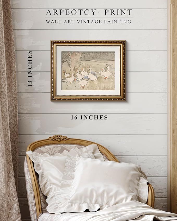 ARPEOTCY Vintage Gold Framed Wall Art, Farmhouse Nursery Duck Paintings, Rustic Canvas Prints Artwork with Antique Frame, Wall Decor Cute Duck Illustration Decorations for Home, 13x16 inch