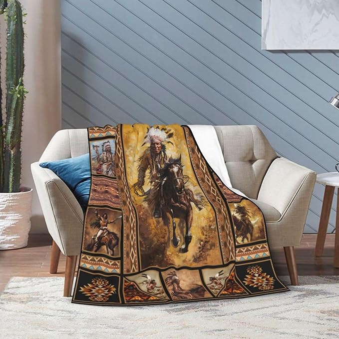 Rustic Indians Blanket Native American Throw Blanket Retro Chief Flannel Stuff Merch Cozy Decor Fleece Plush Fuzzy Warm Soft Lightweight Bedding Indians Gifts for Women Men Girls Couch 80"X60"
