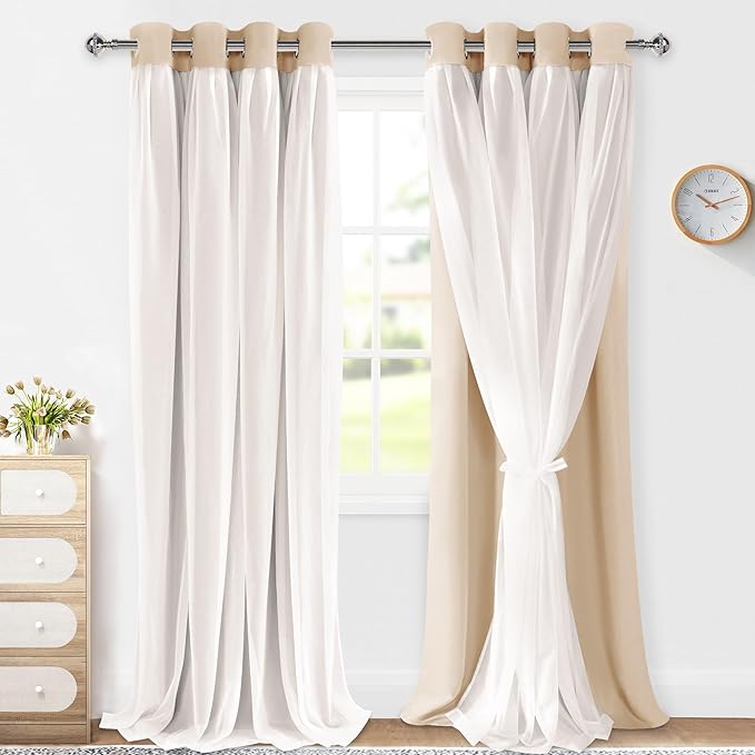 XWZO 100% Blackout Double Layer Curtains, Blackout Curtains with Sheer Overlay for Living Room, Grommet Thermal Insulated Privacy Curtains with Tiebacks, 2 Panels, 52x108, Biscotti Beige