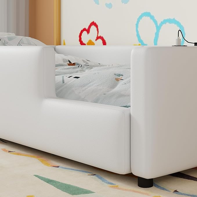 Twin Size Upholstered Platform Bed with Safety Guardrail, Montessori Kids Floor Bed, Child Grounded Bed with Charging Station and Sturdy Slats Support