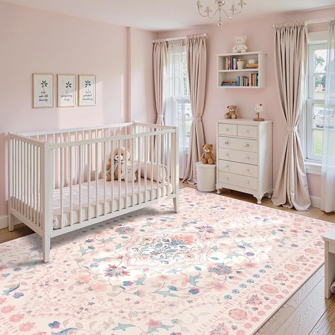 Wonnitar Boho Floral 8x10 Pink Area Rug, Washable Kids Rugs for Bedroom, Large Ultra-Thin Soft Non Slip Carpet for Nursery Living Room Playroom Classroom, Pastel Pink