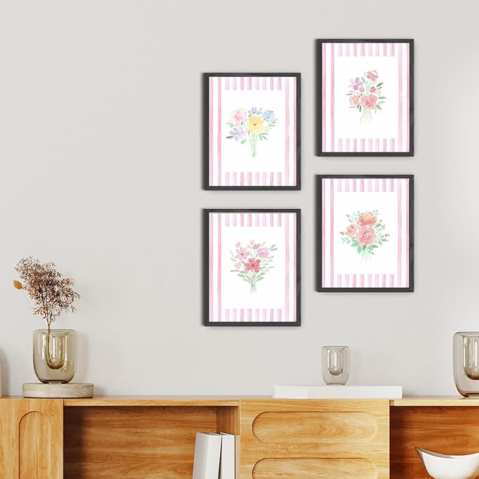 JINYO Preppy Pink and White Striped Floral Wall Art Prints Set of 4, Floral Room Decor, Pastel Rustic Wildflower Botanical Posters Pictures Wall Decor for Girls Bedroom Dorm, 8x10 Unframed