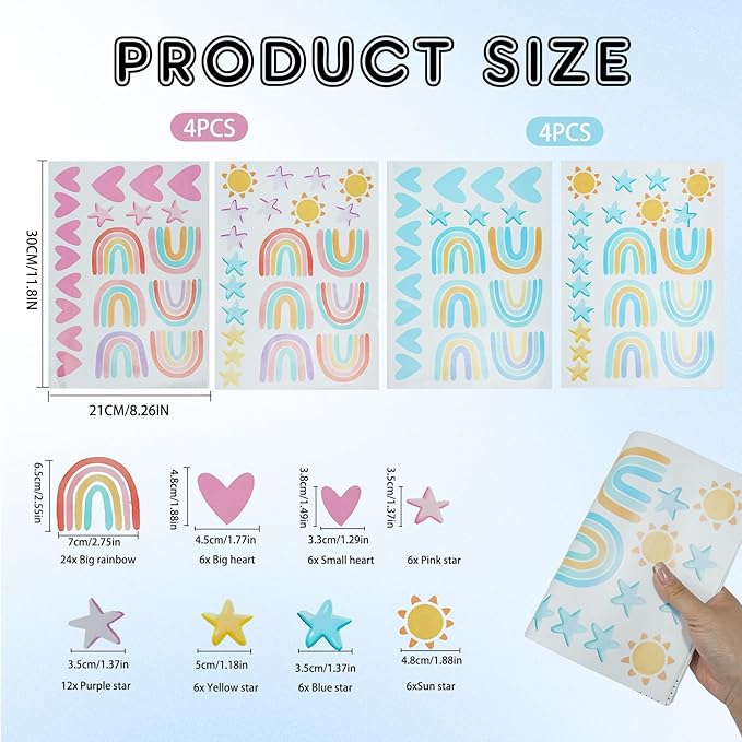 8 Pcs Rainbow Wall Decals, Watercolor Wall Stickers Large Size Art Peel and Stick, Nursery Kids Room Wallpaper Decor for Boys Girls Bedroom Playroom Classroom Mural Art Blue and Pink