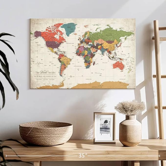 ElephantStock - Personalized World Awaits II Push Pin World Map Wall Art - Horizontal Canvas Wall Art - Living Room Wall Decor - Digital Art Map Canvas Art - Green And Beige Decor - 24" x 16"
