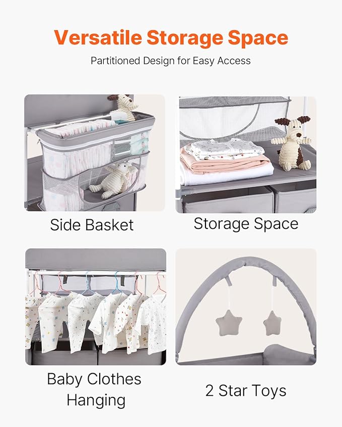 VEVOR Baby Changing Table, Foldable Diaper Change Station with 2 Fabric Drawers, Side Basket and Hanging Rod, Adjustable Height Changing Table with Lockable Wheels and 2 Star Toys, Light Gray