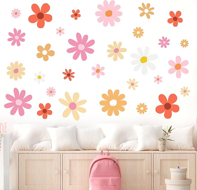 12 Sheets Daisy Wall Decals Boho Flower Wall Stickers Cute Kids Girls Room Decor Peel and Stick Floral Decals Toddler Nursery Playroom Living Room Bedroom Classroom Retro Hippie Decor Fresh Style