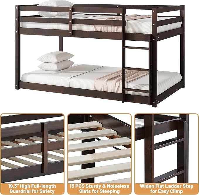 Bunk Bed Twin Over Twin, Wood Low Profile Floor Twin Bunk Beds with Ladder Guardrails for Kids Boys and Girls, No Box Spring Needed